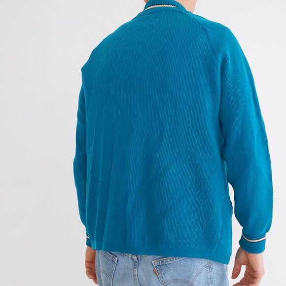 Vintage Italian Art Knitting Teal Ribs Knit Button Cardigan Stripe Collar L (42) - Picture 2 of 9